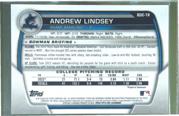 2023 Bowman Draft Andrew Lindsey /99 #BDC-18 Chrome Green Grass Refractor - Image 3
