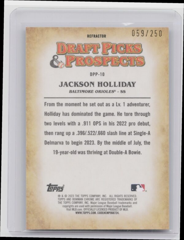 2023 Bowman Draft Jackson Holliday /250 #DPP-10 Orioles Draft Picks & Prospects - Image 3