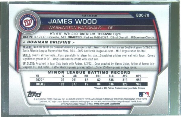 2023 Bowman Draft James Wood #BDC-70 Nationals Chrome Refractor - Image 3