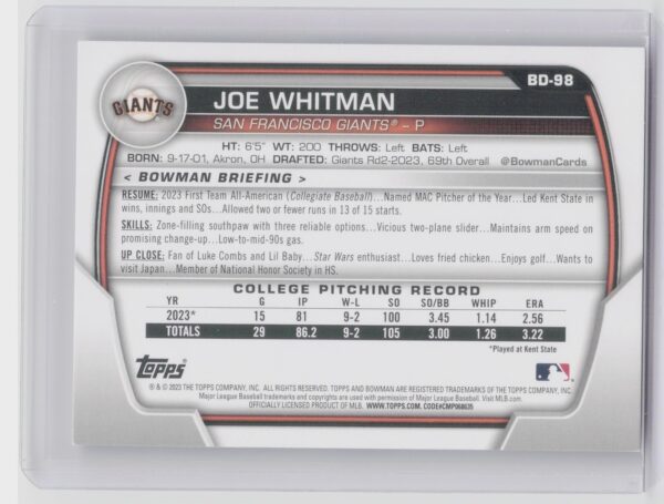 2023 Bowman Draft Joe Whitman #BD-98 Giants - Image 3