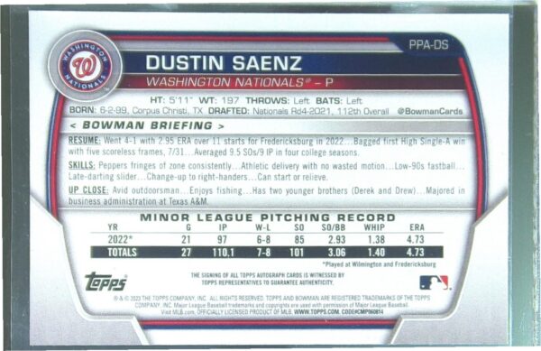 2023 Bowman Dustin Saenz Auto #PPA-DS Nationals Prospects Autographs - Image 3
