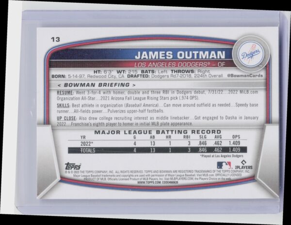 2023 Bowman James Outman RC #13 Dodgers - Image 3