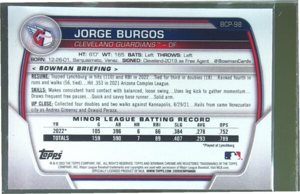 2023 Bowman Jorge Burgos /99 #BCP-98 Chrome Prospects Grass Green Refractor - Image 3