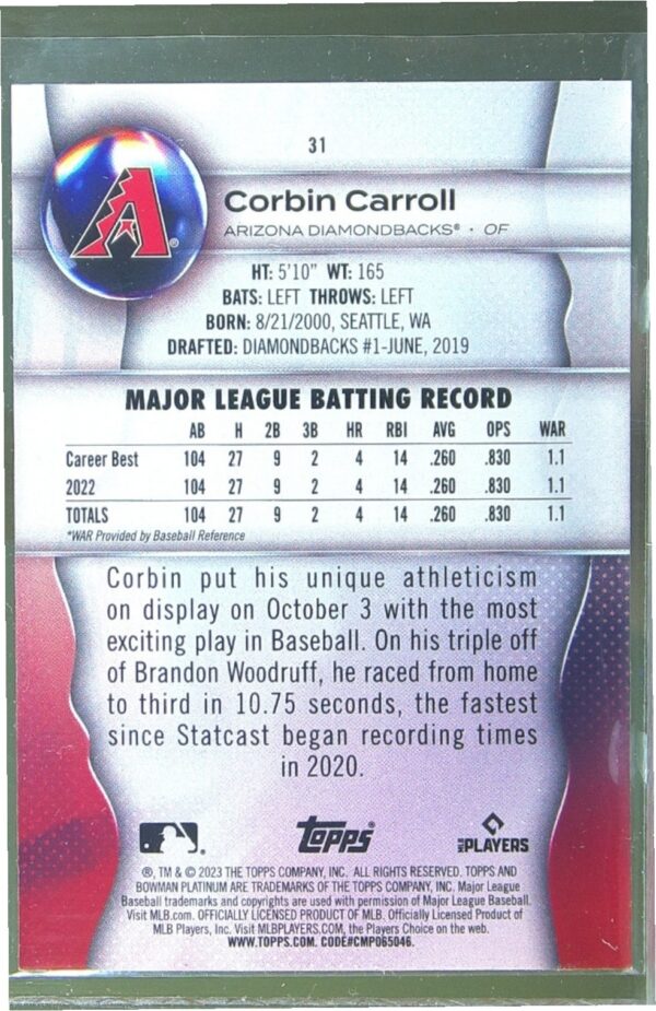2023 Bowman Platinum Corbin Carroll RC #31 Diamondbacks - Image 3