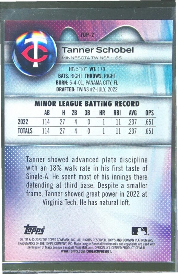 2023 Bowman Platinum Tanner Schobel /199 #TOP-2 Top Prospects Pink Ice Foil - Image 3