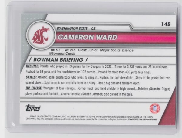 2023 Bowman University Chrome Cameron Ward #145 Cougars - Image 3