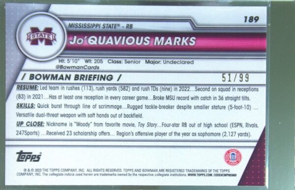 2023 Bowman University Chrome Jo'Quavious Marks Green Refractor /99 RC #189 - Image 3