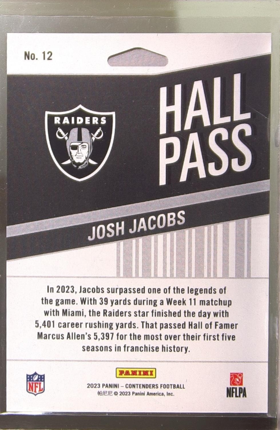 2023 Contenders Josh Jacobs RC #12 Raiders Hall Pass Silver - Image 3