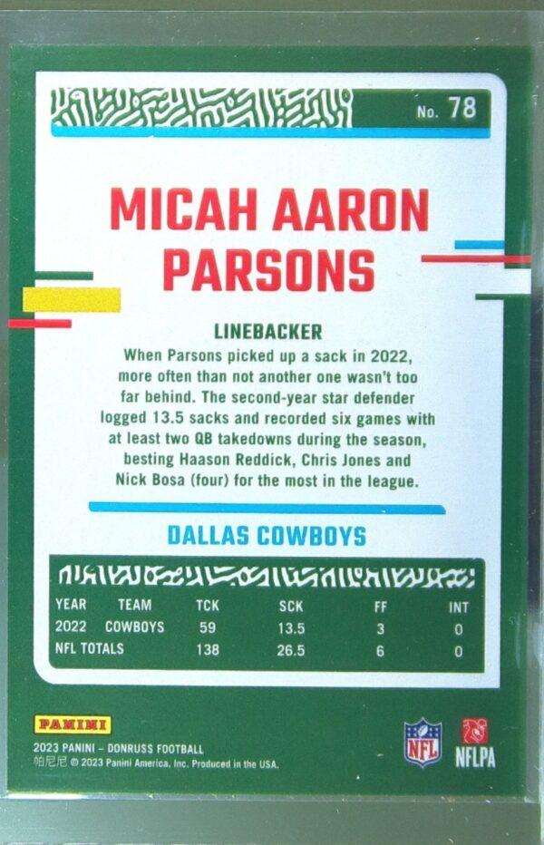 2023 Donruss Micah Parsons VAR #78 Cowboys - Image 3