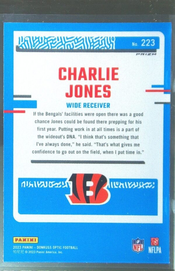 2023 Donruss Optic Charlie Jones Purple Shock RC #223 Bengals - Image 3