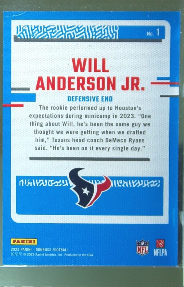 2023 Donruss Will Anderson Jr. RC #1 Texans Rated Rookie Portrait - Image 3