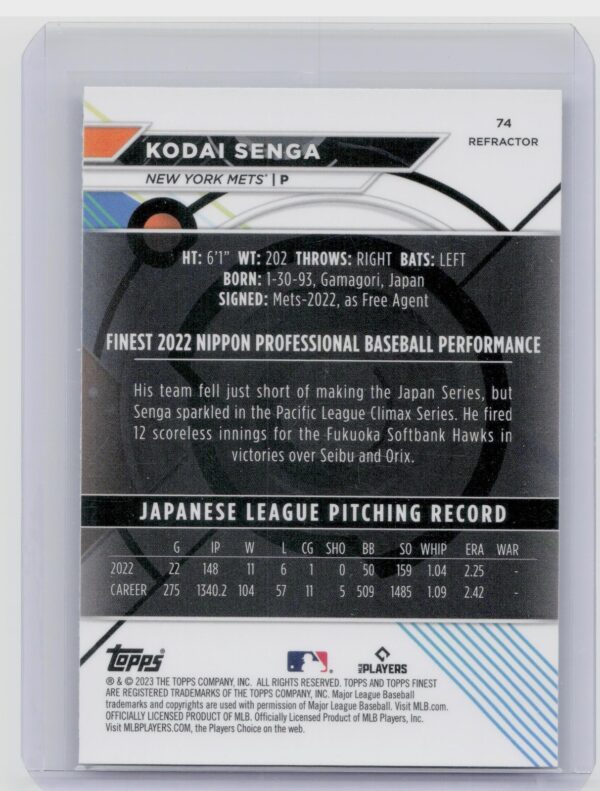 2023 Finest Kodai Senga Refractor #74 Mets - Image 3