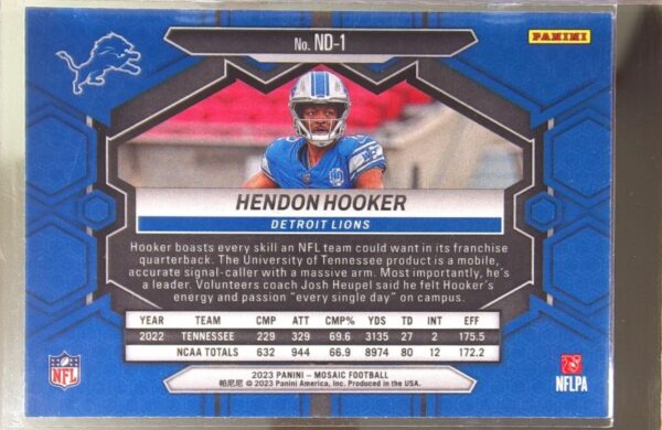 2023 Mosaic Hendon Hooker RC #ND-1 Lions - Image 3