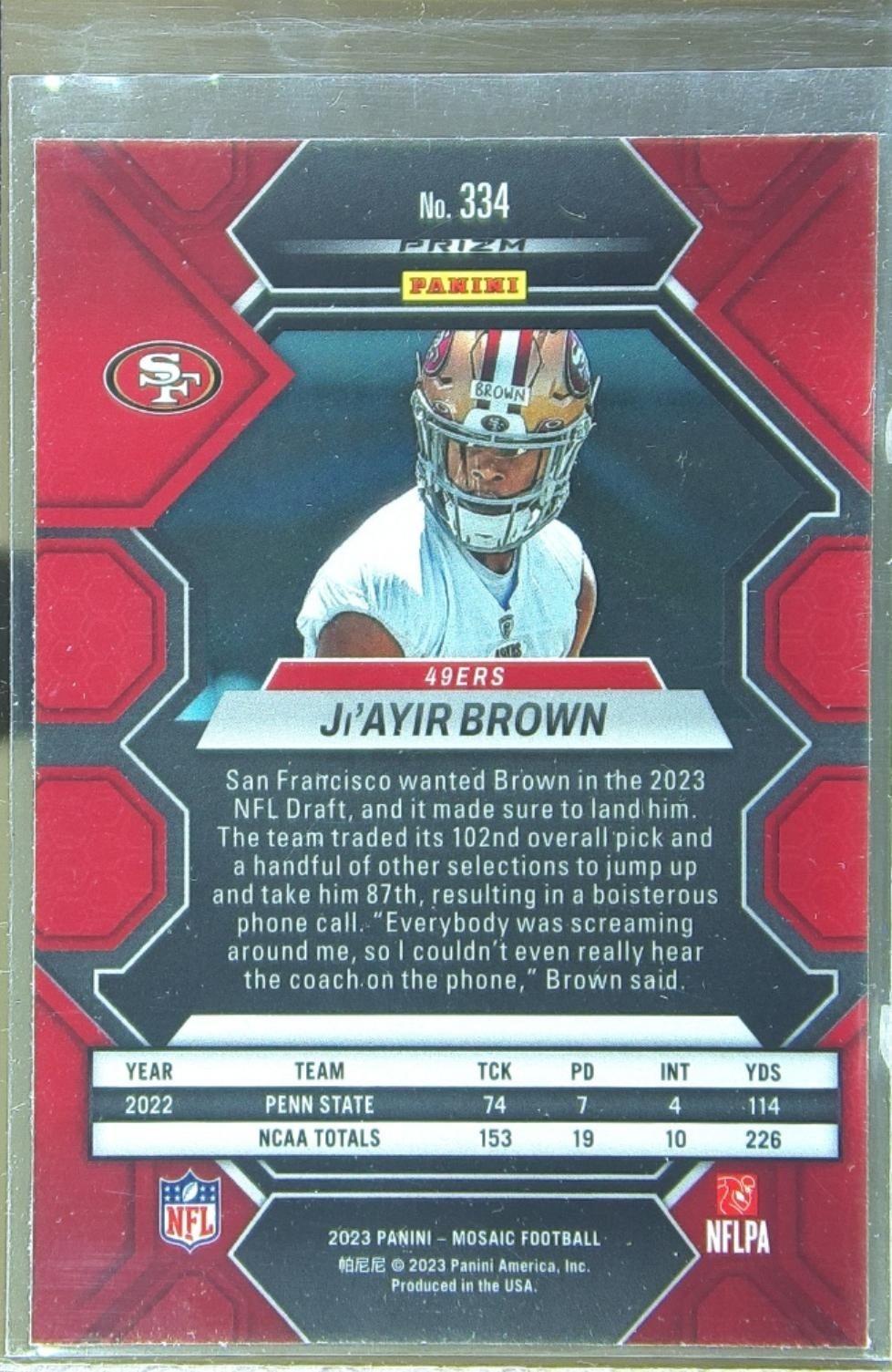 2023 Mosaic Ji'Ayir Brown Reactive Blue Mosaic #334 49ers - Image 3