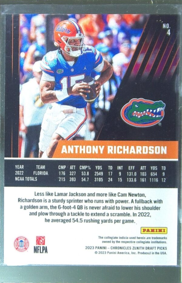 2023 Panini Chronicles Draft Picks Anthony Richardson RC #4 Gators Zenith - Image 3