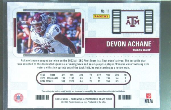 2023 Panini Chronicles Draft Picks Devon Achane #11 Aggies Contenders College - Image 3
