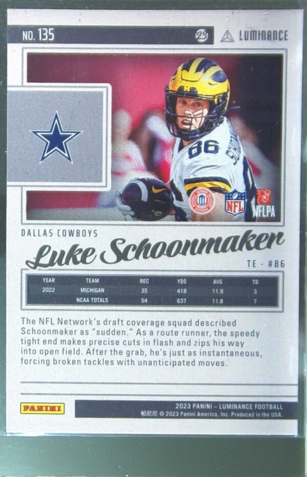 2023 Panini Luminance Luke Schoonmaker RC #135 Cowboys - Image 3
