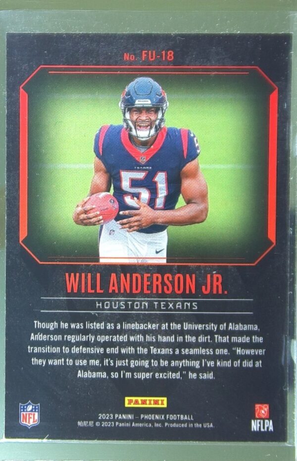 2023 Panini Phoenix Will Anderson Jr. RC #FU-18 Texans Fired Up - Image 3