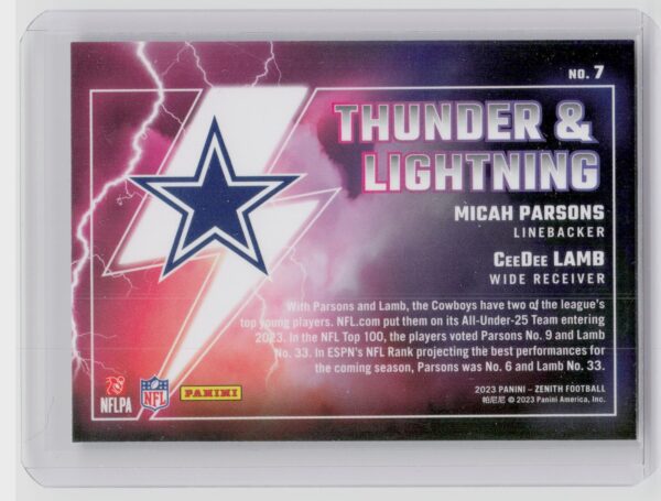 2023 Panini Zenith CeeDee Lamb / Micah Parsons #7 Cowboys Thunder and Lightning - Image 3