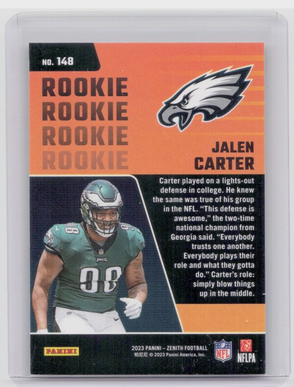 2023 Panini Zenith Jalen Carter Red Zone RC #148 Eagles - Image 3