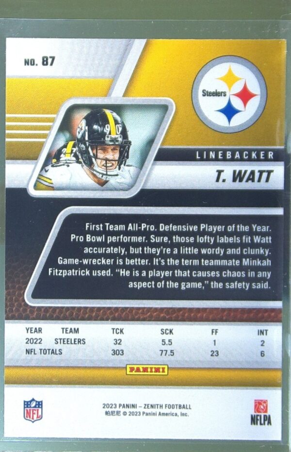 2023 Panini Zenith T.J. Watt Red Zone #87 Steelers - Image 3