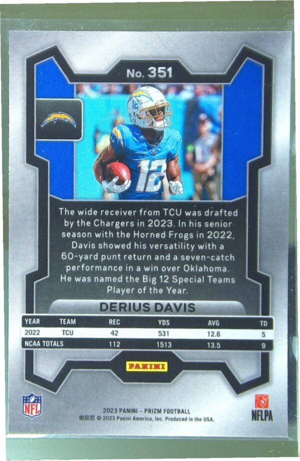 2023 Prizm Derius Davis RC #351 Chargers - Image 3