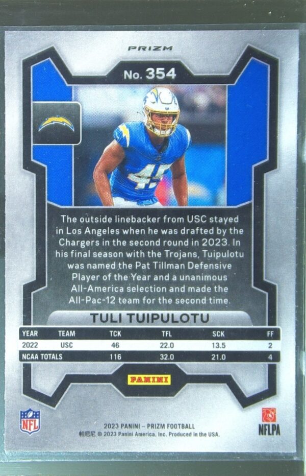 2023 Prizm Tuli Tuipulotu Green Wave RC #354 Chargers - Image 3