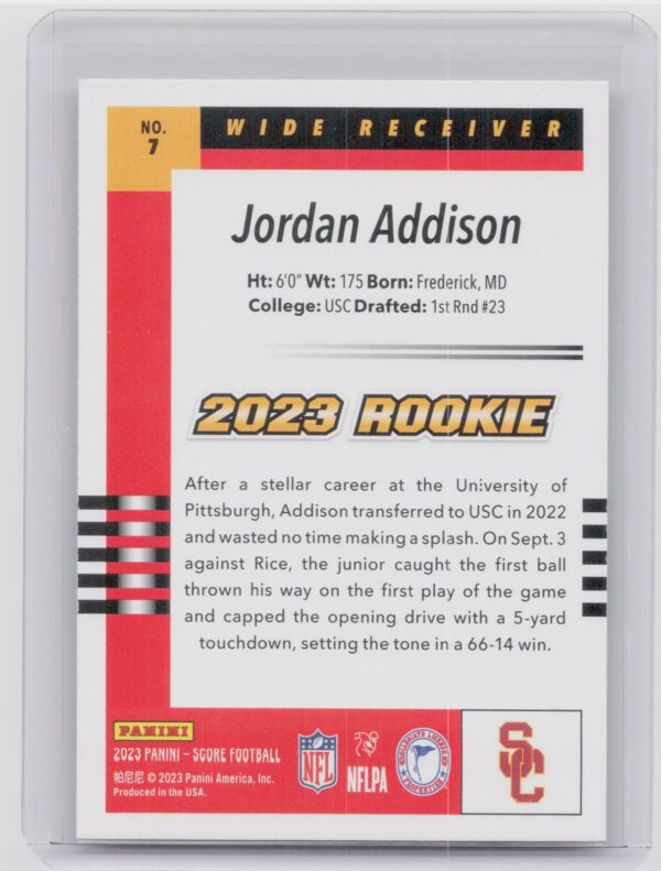 2023 Score Jordan Addison Throwback Rookies #7 USC Trojans - Image 3