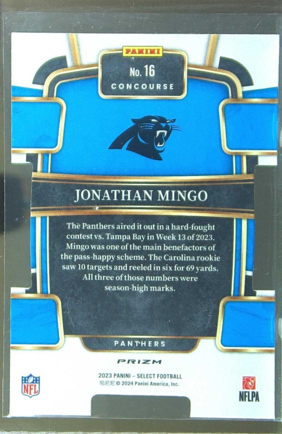 2023 Select Jonathan Mingo Red and Blue Prizms Die Cuts RC #16 Panthers - Image 3