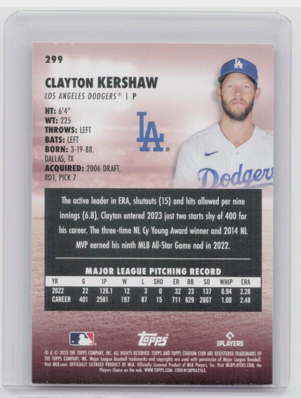 2023 Stadium Club Clayton Kershaw #299 Dodgers - Image 3