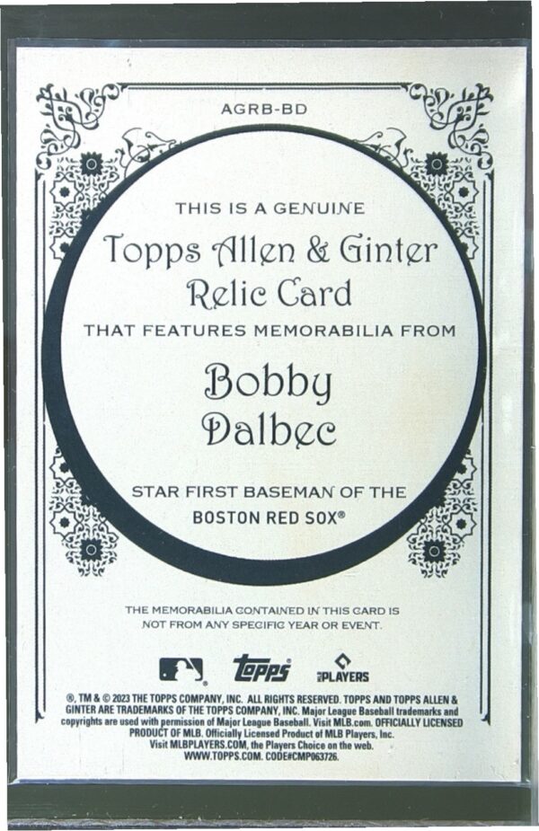 2023 Topps Allen & Ginter Bobby Dalbec JSY #AGRB-BD Sox Allen & Ginter Full Size - Image 3
