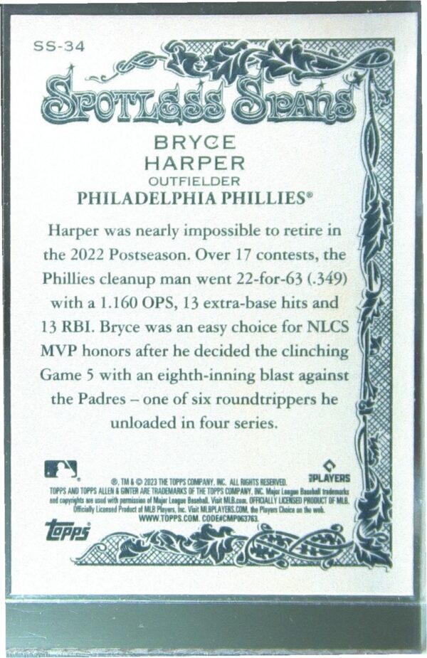 2023 Topps Allen & Ginter Bryce Harper #SS-34 Phillies Spotless Spans - Image 3