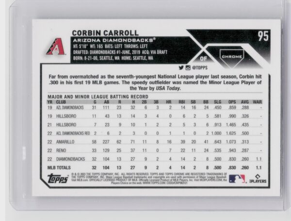 2023 Topps Chrome Corbin Carroll RC #95 Diamondbacks - Image 3