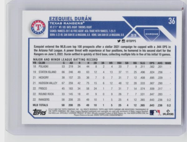 2023 Topps Chrome Ezequiel Duran Pink Refractor #36 Rangers - Image 3