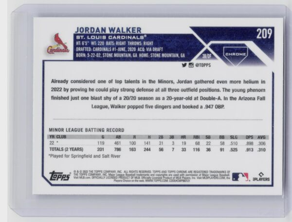 2023 Topps Chrome Jordan Walker RC #209 Cardinals - Image 3