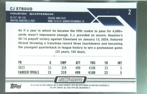 2023 Topps Composite Topps Chrome CJ Stroud RC #2 Texans - Image 3