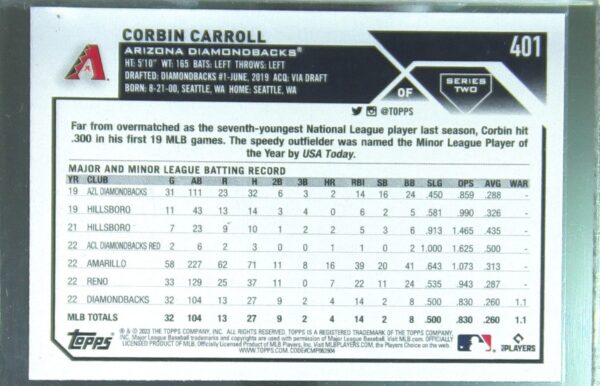 2023 Topps Corbin Carroll RC #401 Diamondbacks - Image 3