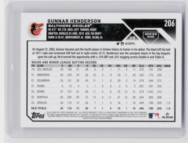 2023 Topps Gunnar Henderson #206 Orioles - Image 3