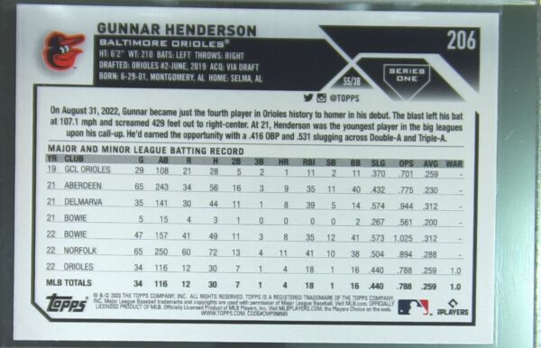 2023 Topps Gunnar Henderson RC #206 Orioles - Image 3