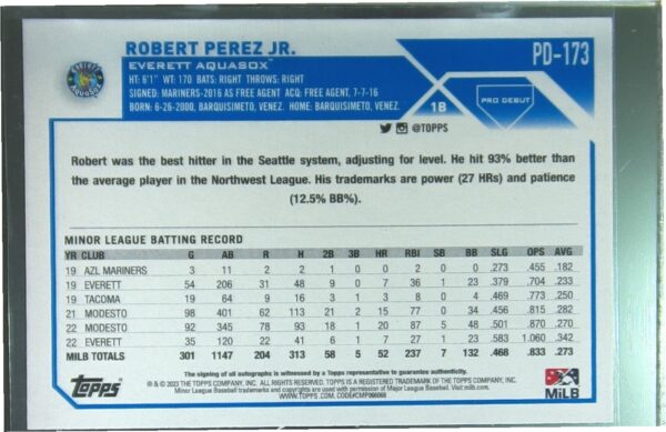 2023 Topps Pro Debut Robert Perez Jr. Auto #PD-173 AquaSox Autographs - Image 3