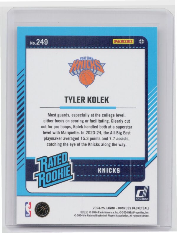 2024-25 Donruss Tyler Kolek RC #249 Knicks - Image 3