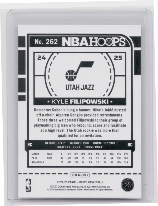 2024-25 Hoops Kyle Filipowski Purple RC #262 Jazz - Image 3