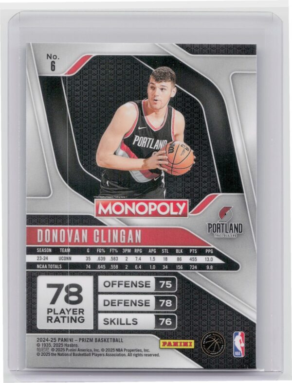 2024-25 Panini Prizm Monopoly Donovan Clingan RC 6 Blazers - Image 3