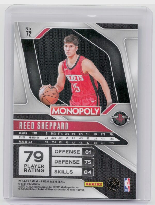 2024-25 Panini Prizm Monopoly Reed Sheppard RC 72 Rockets - Image 3