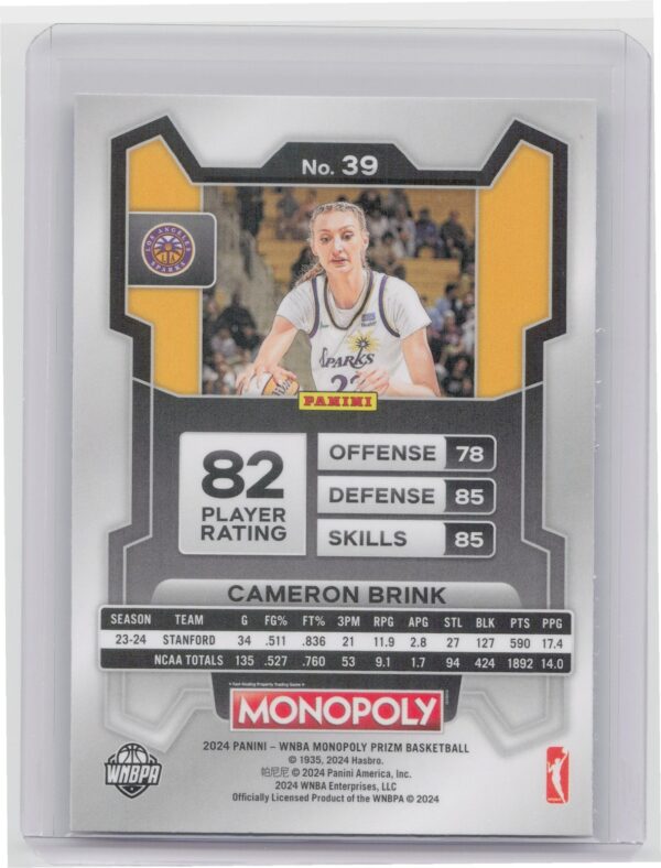 2024-25 Panini Prizm Monopoly WNBA Cameron Brink RC 39 Sparks - Image 3