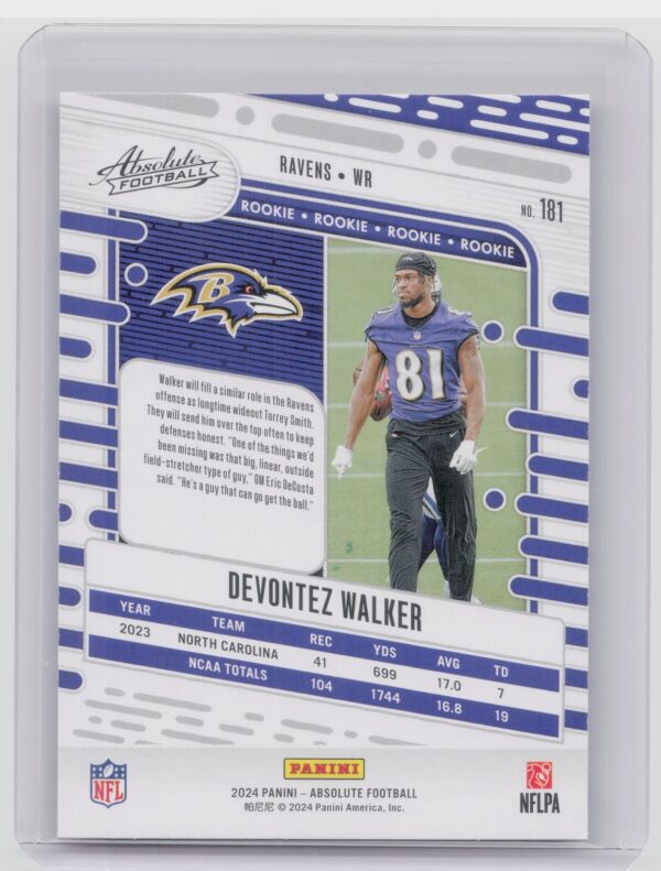 2024 Absolute Devontez Walker Red and Blue RC 181 Ravens - Image 3