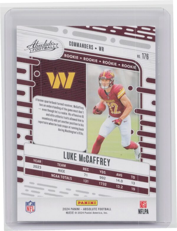 2024 Absolute Luke McCaffrey RC 176 Commanders - Image 3