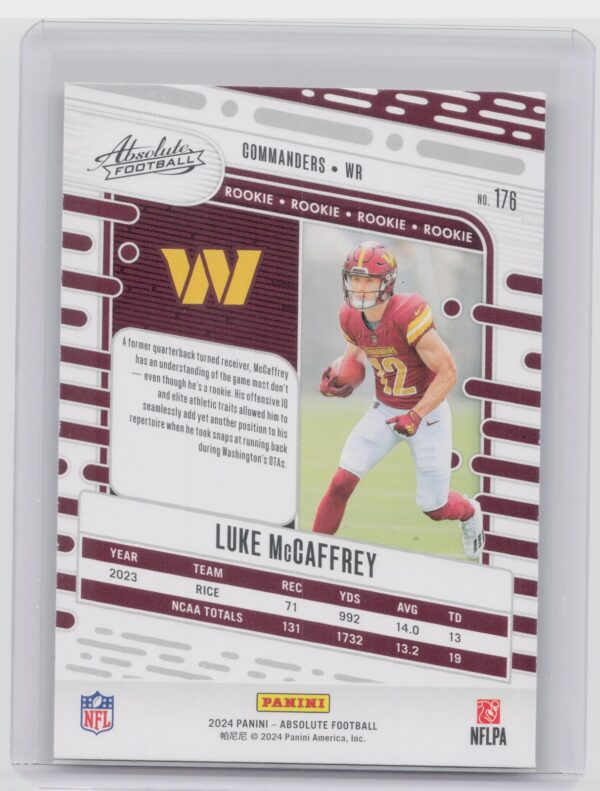 2024 Absolute Luke McCaffrey Red and Blue RC 176 Commanders - Image 3