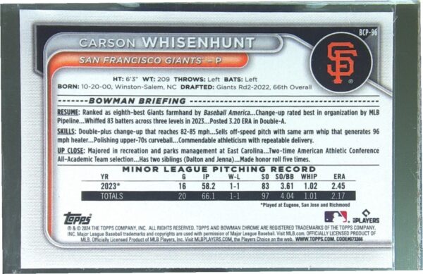 2024 Bowman Carson Whisenhunt #BCP-96 Giants Chrome Prospects Mojo Refractors - Image 3