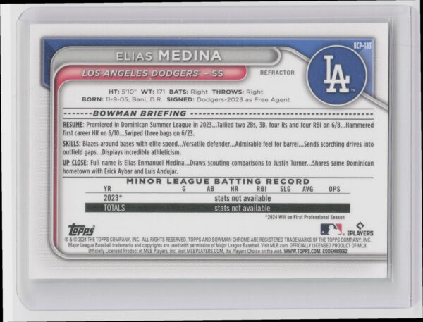 2024 Bowman Chrome Elias Medina #BCP-183 Dodgers Prospects Refractors /499 - Image 3